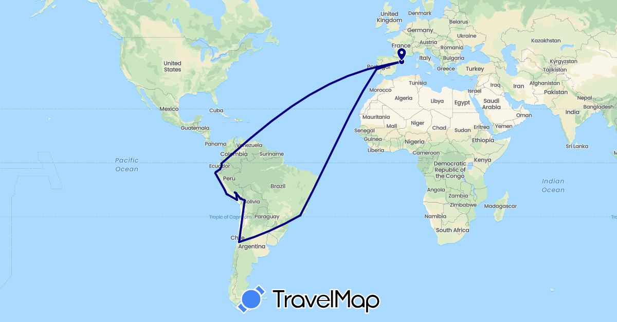TravelMap itinerary: driving in Bolivia, Brazil, Chile, Ecuador, Spain, Peru, Portugal (Europe, South America)